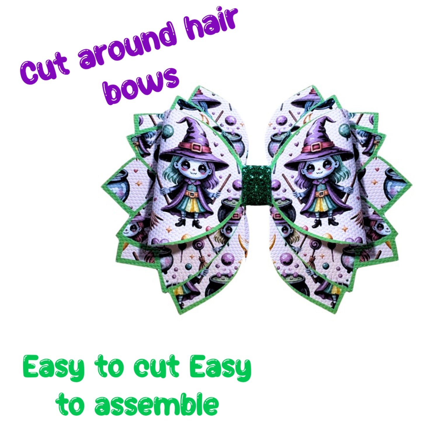 4 x witches cut around Fan hair bow loops & tails 3.5” Leatherette or Canvas