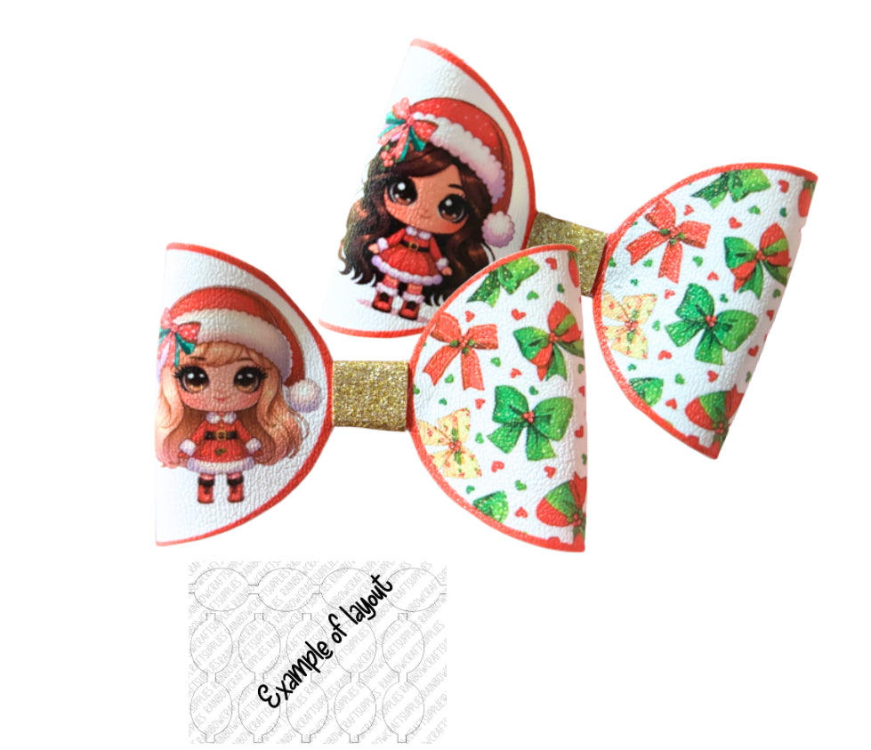 Christmas Bow Girls pre printed canvas hair bow loops x 8 (mixed Hair colours)