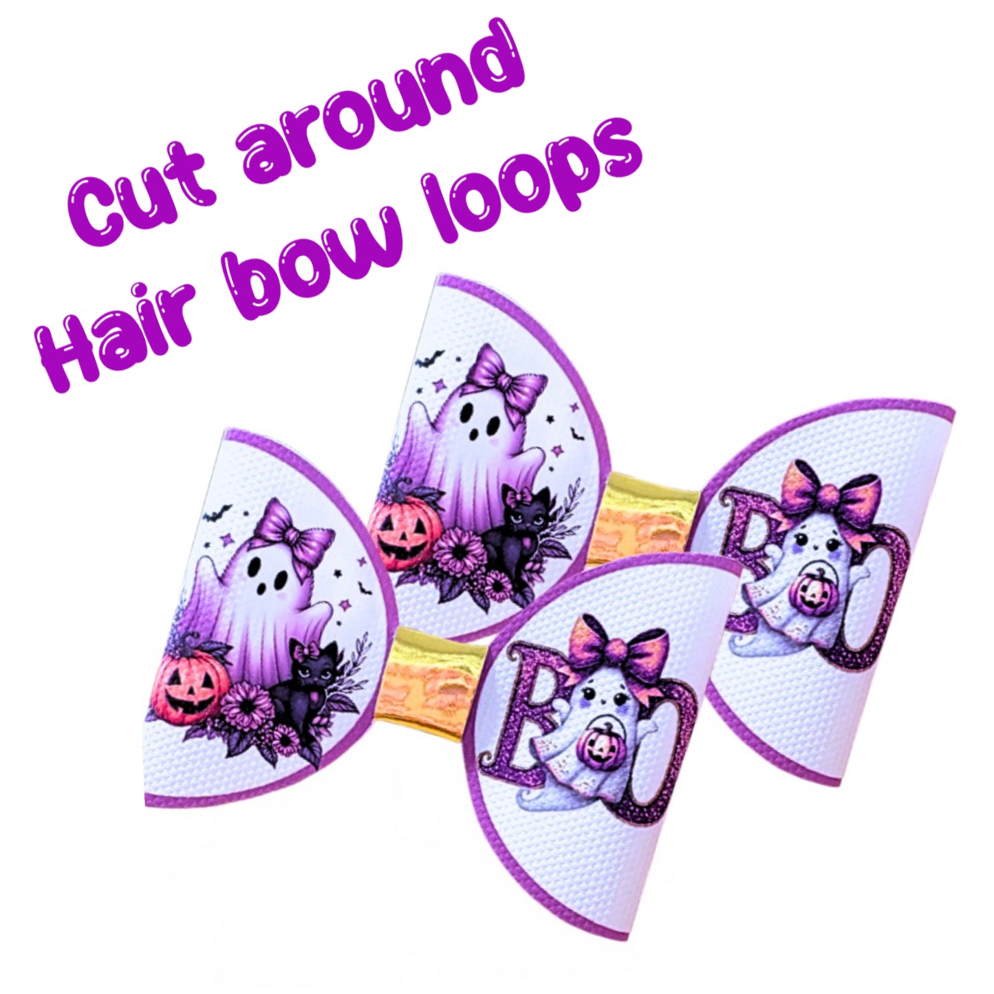 7 x printed in house Leatherette bow loops 3.5” Boo Ghost