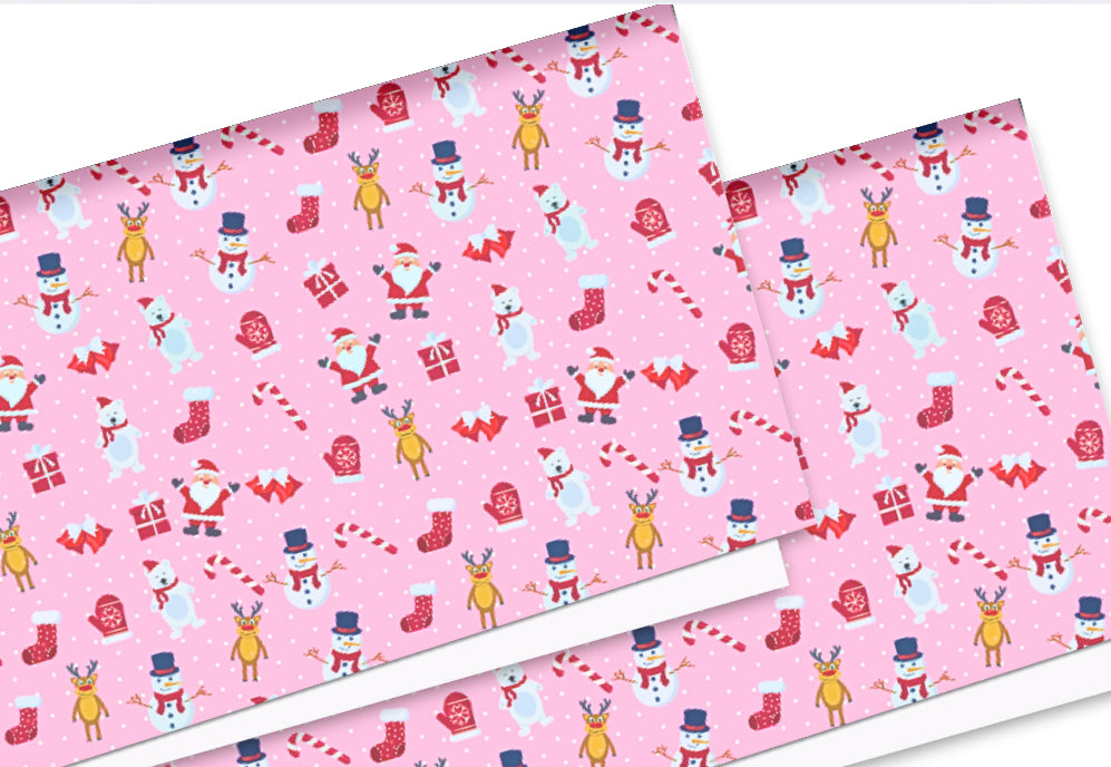 Pink Christmas theme In house printed leatherette fabric A4