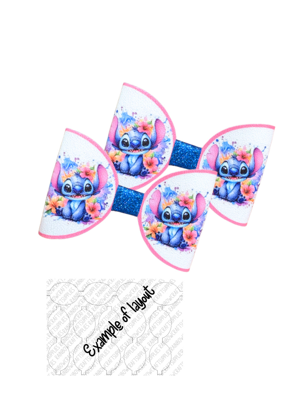 7 x printed in house Leatherette bow loops 3.5” Blue Floral Stitch theme