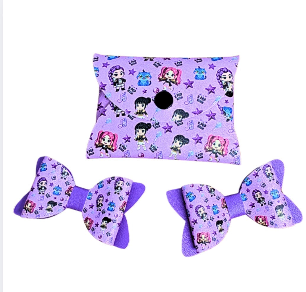 No Sew Cut Around leatherette printed Coin purse With 2 matching bow loops tails and centre strips