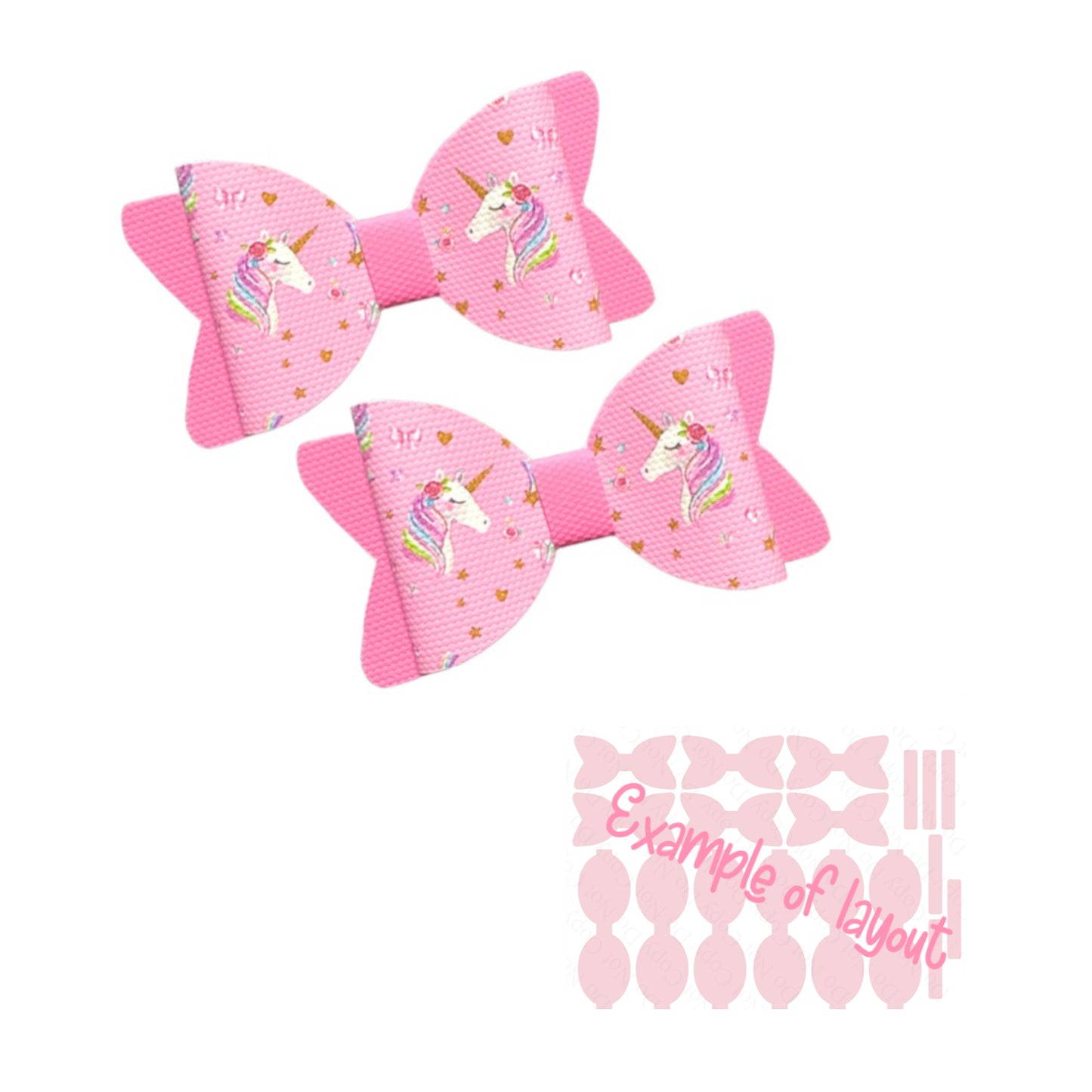 6 piece 3” in house printed leatherette Bow loops tails and centre strips Fairytale