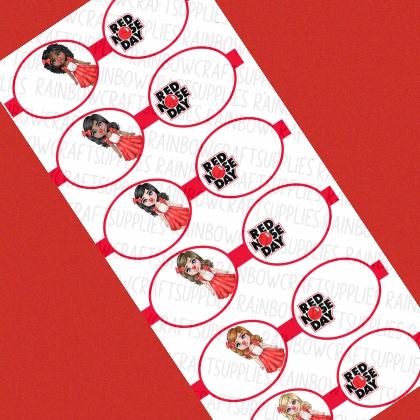 7 x Red Nose Day Dolly Theme in house printed leatherette cut around bow loops 3.5”