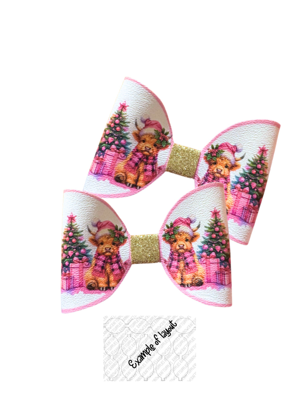7 x Highland Cow Christmas themed bow loops 3.5”