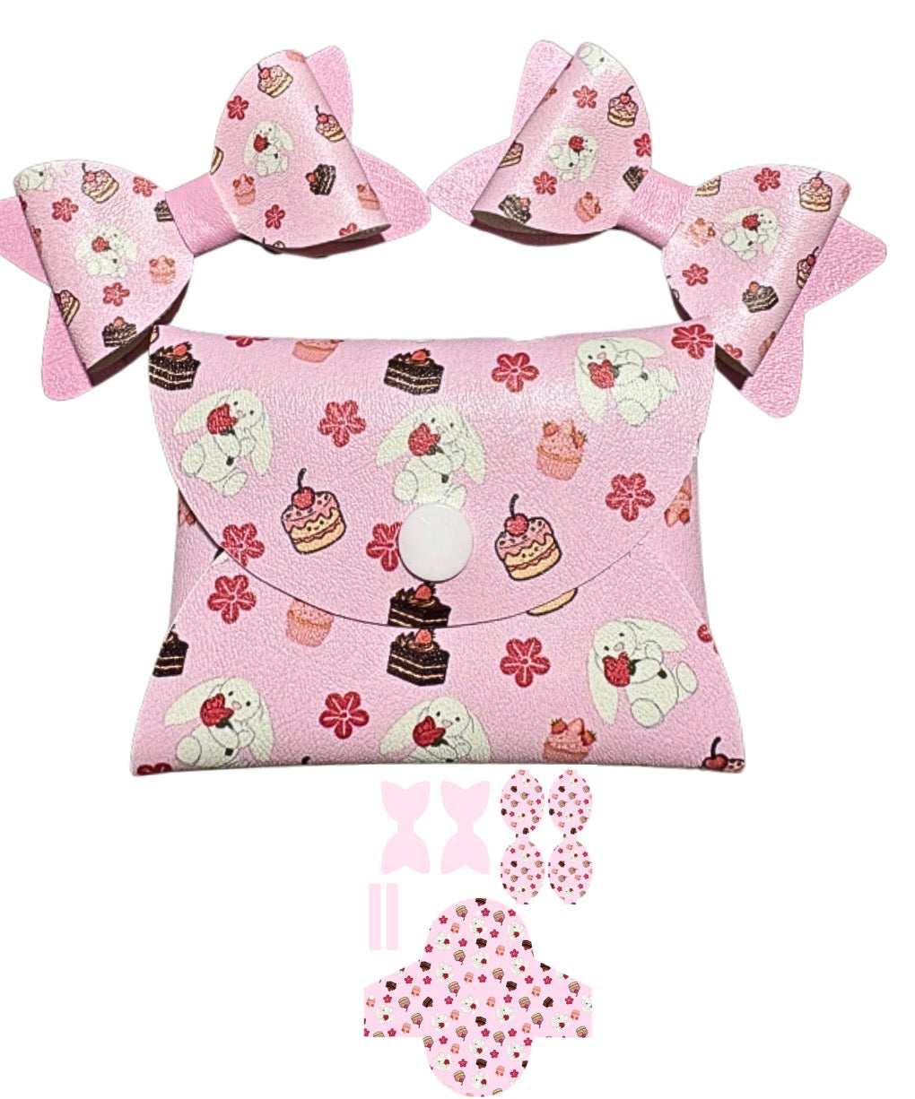 No Sew Cut Around leatherette printed Coin purse With 2 matching bow loops tails and centre strips