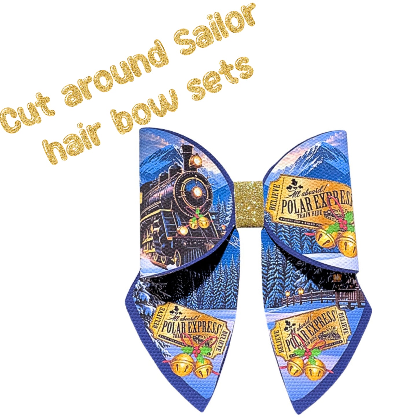 4 x Christmas Train ticket around sailor Hair bow sets 3.5” Leatherette or Canvas