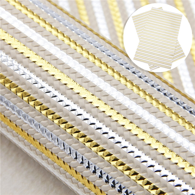 Festive Gold silver & cream metallic embossed striped leatherette fabric A4