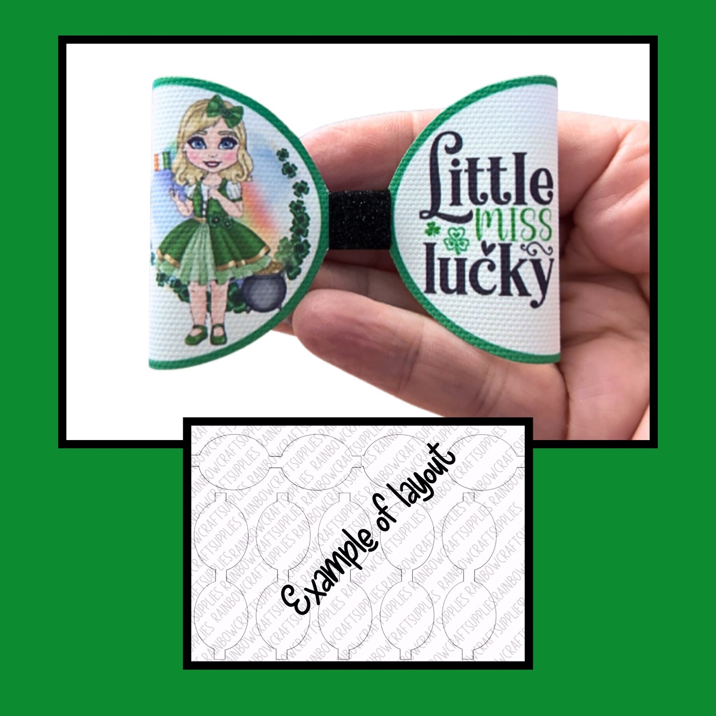 St Patricks day themed In House printed leatherette bow loops x 7 (3.5”)