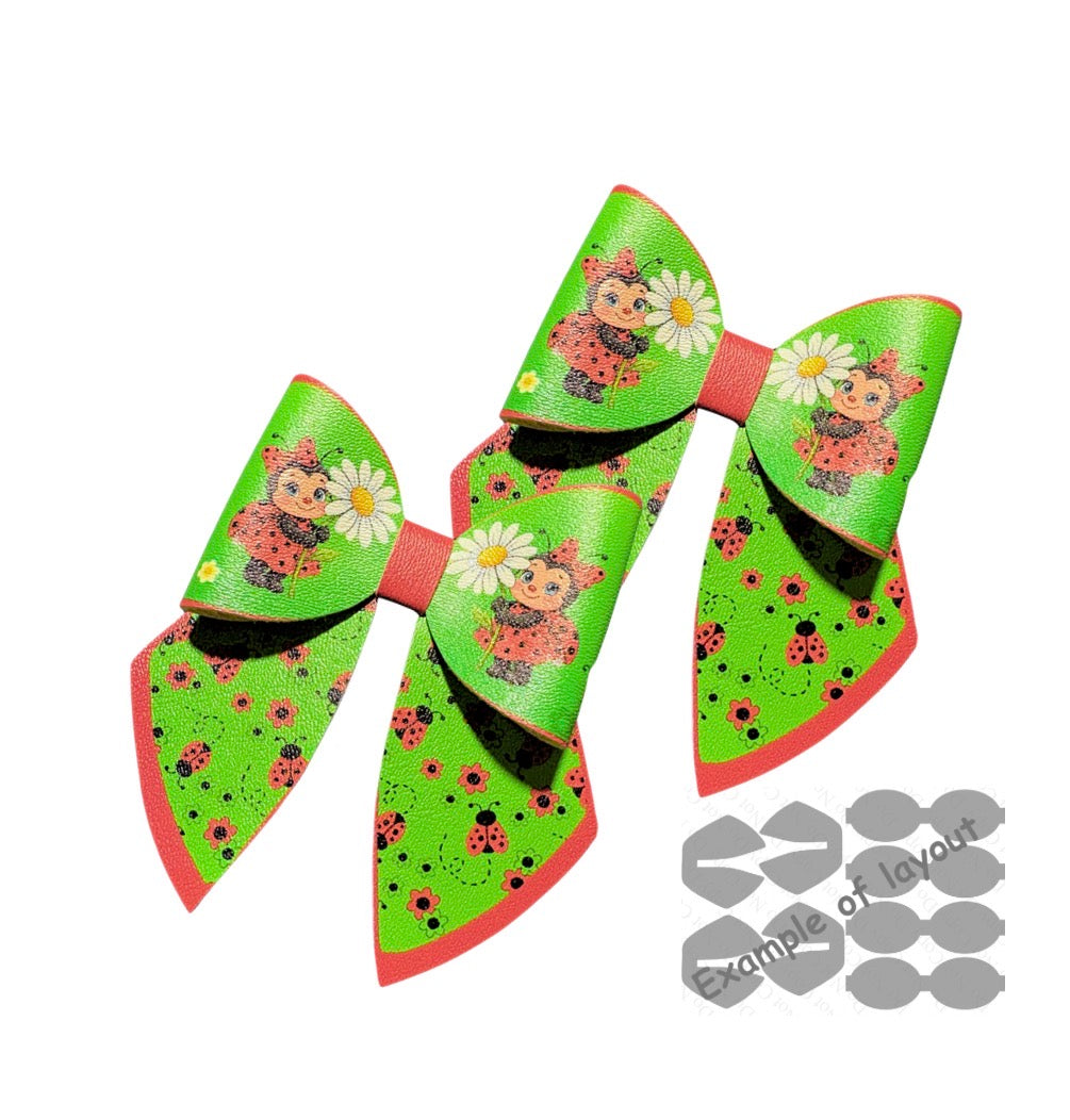 4 x printed in house Leatherette cut around bow loops and sailor Tails 3.5” Ladybug daisies