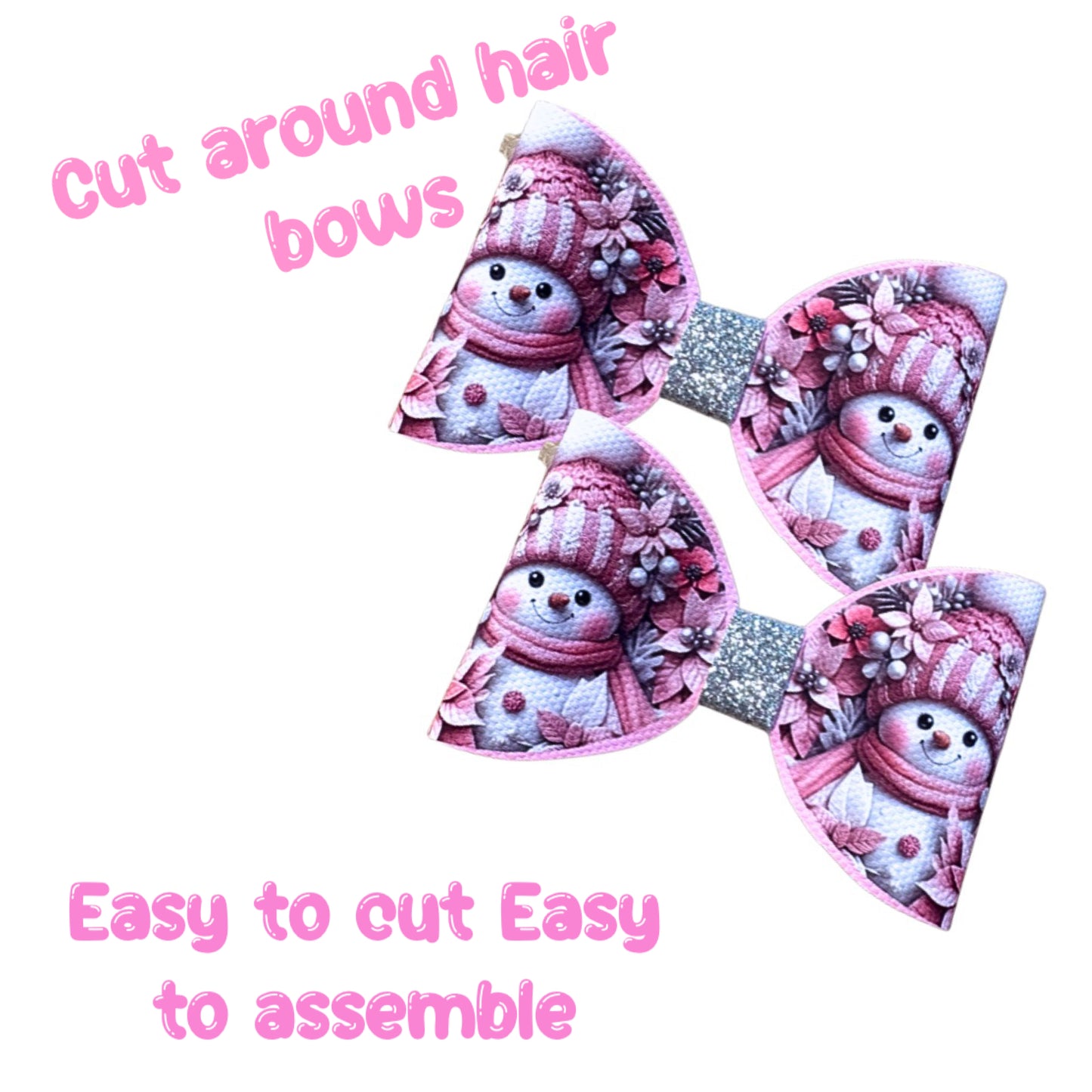 7 Pink Snowman Cut Around hair bow loops 3.5” Leatherette or Canvas