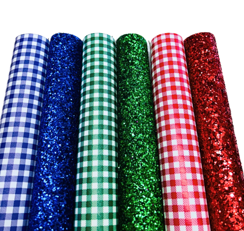 Premium Gingham leatherette & matching Chunky glitter fabric bundle A4