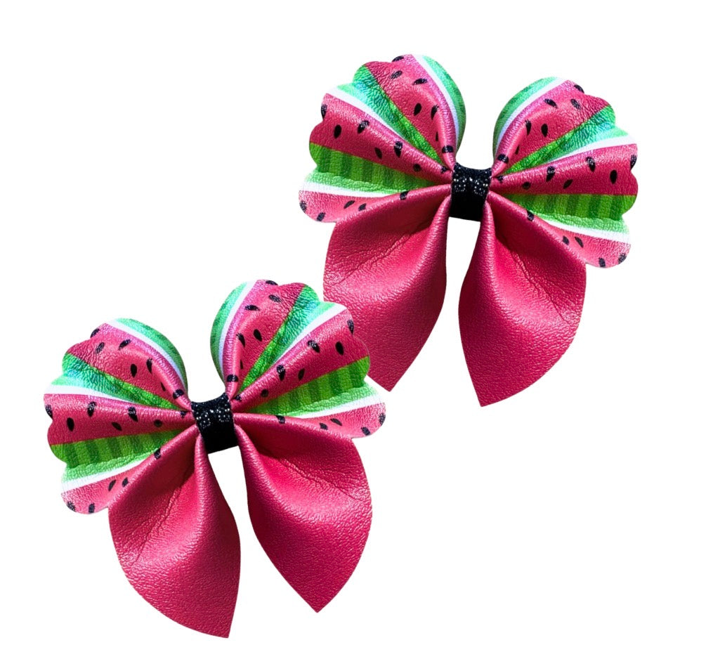 4 x Cut around watermelon theme Pinch leatherette bows and centre strips