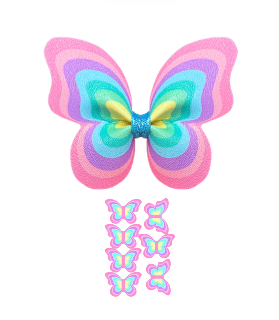 7 x Cut around Butterfly Pinch leatherette bows 3.5” Rainbow