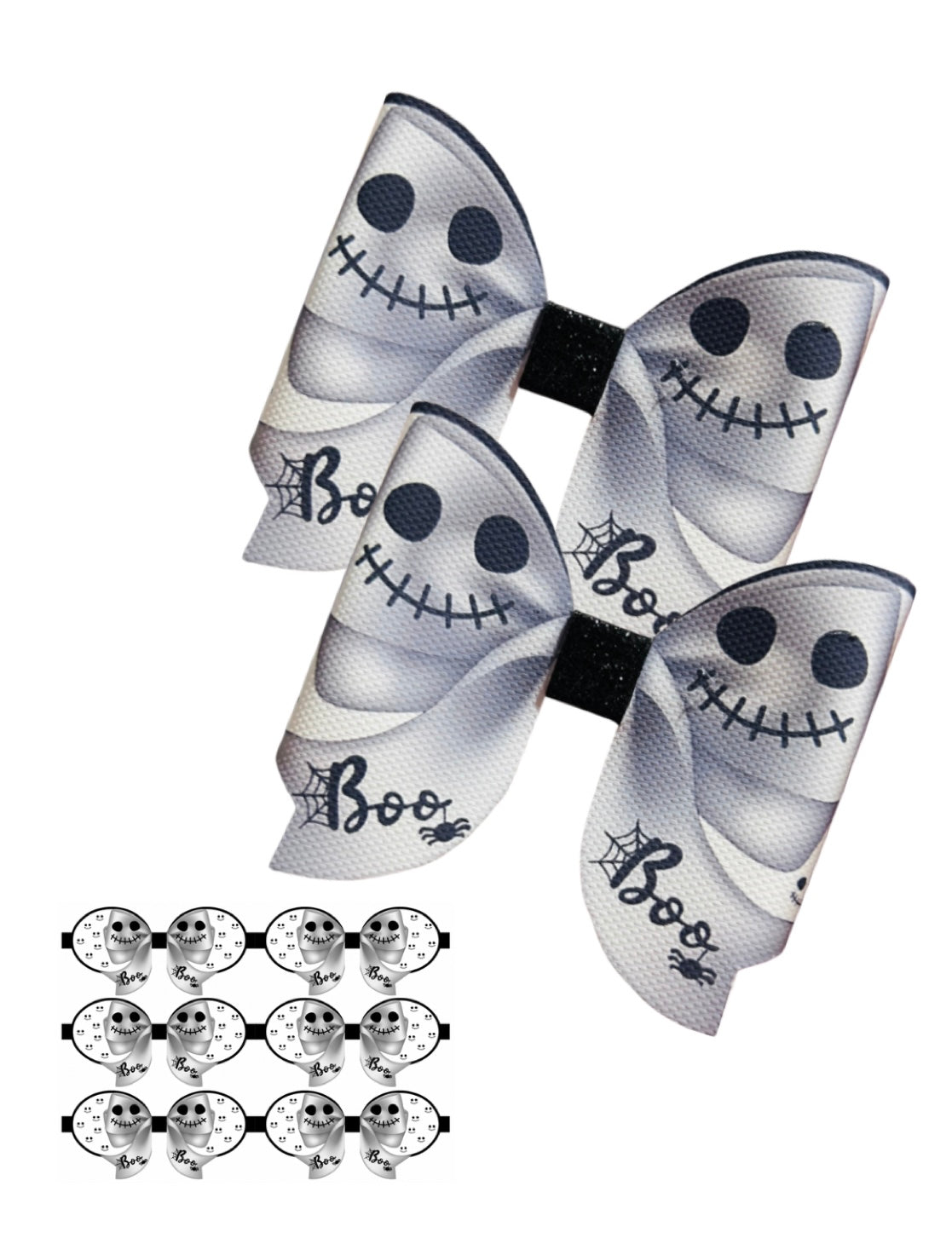 7 x printed in house Leatherette bow loops 3.5” Boo Ghost