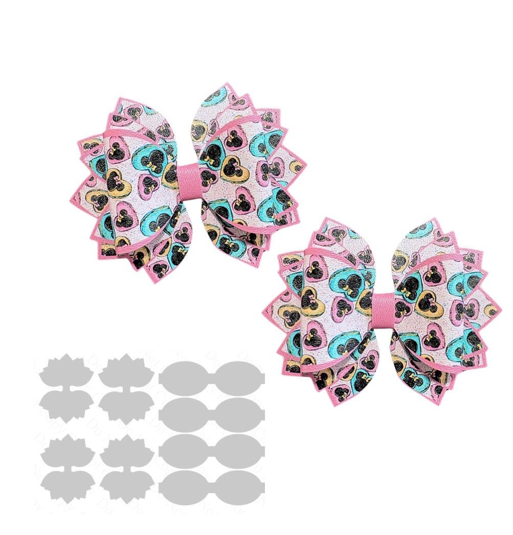 4 x printed in house Canvas bow loops and Fan Tails 3.5” Minnie hearts