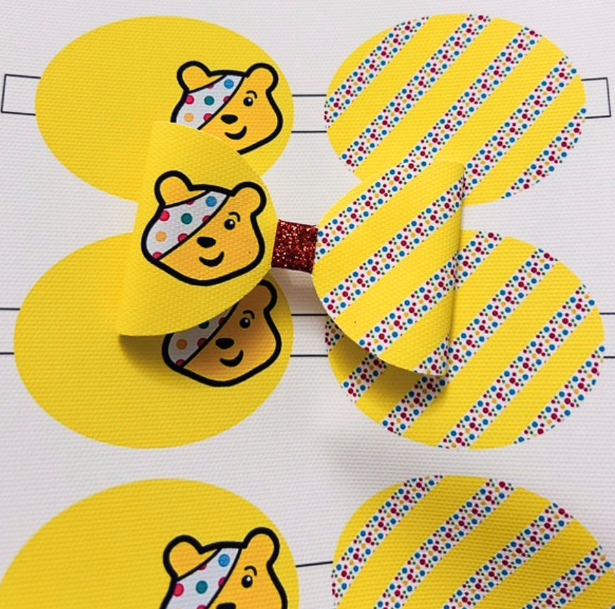 Pudsey inspired Dotty theme pre printed canvas bow loops x 7(Available in leatherette or canvas)