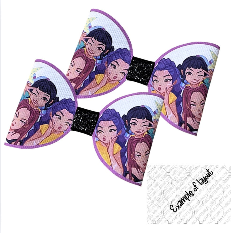 7 x K pop girls pre printed leatherette cut around bow loops 3.5”