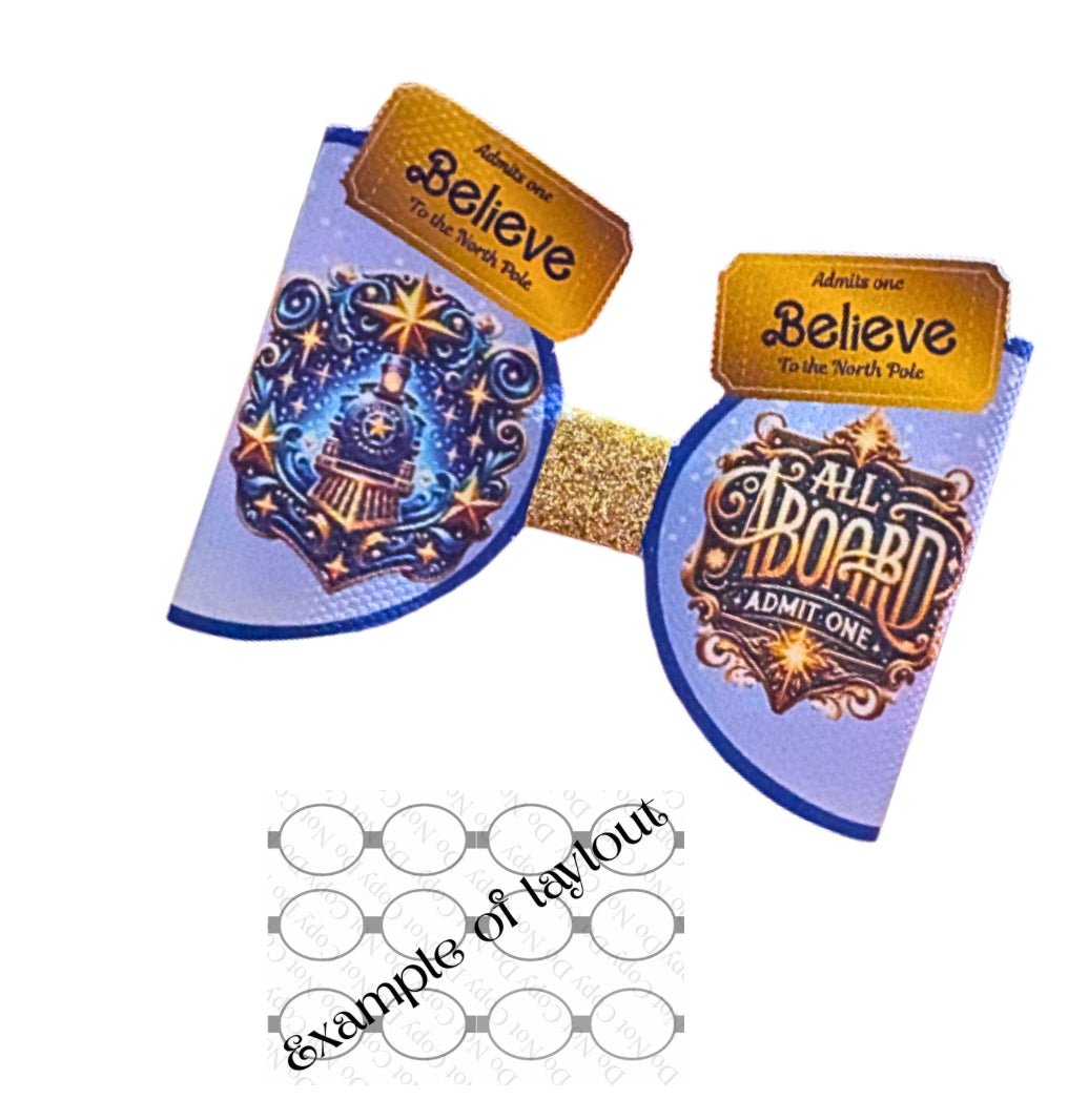 Christmas Train Ticket 3D themed printed canvas bow loops x 6