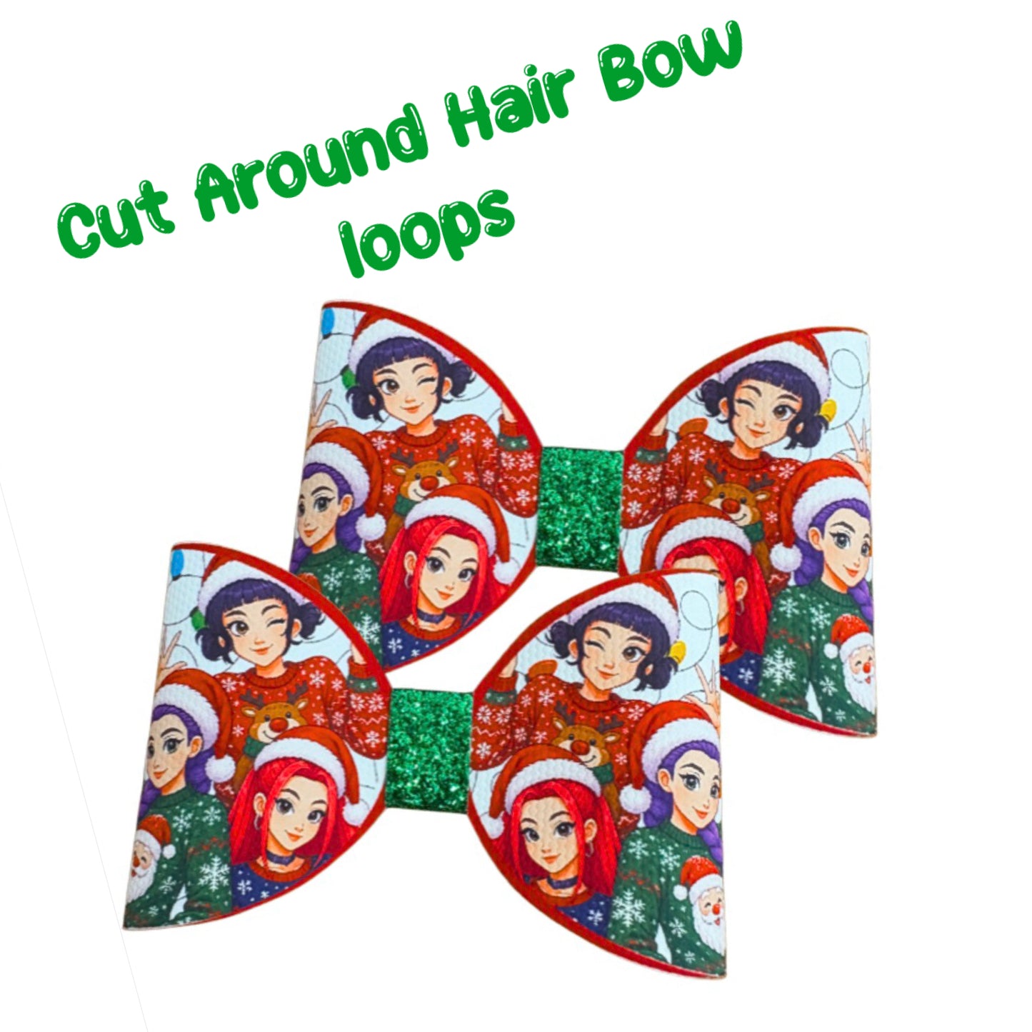 7 Christmas Kpop cut Around hair bow loops 3.5” Leatherette or Canvas