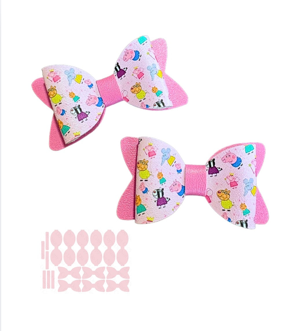 6 piece 3” in house printed leatherette Bow loops tails and centre strips Pink piggy