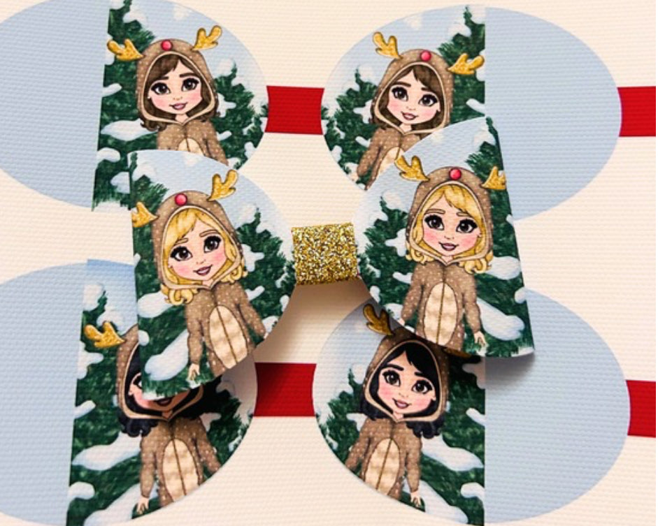 Ruby the Reindeer gorl pre printed canvas hair bow loops x 7
