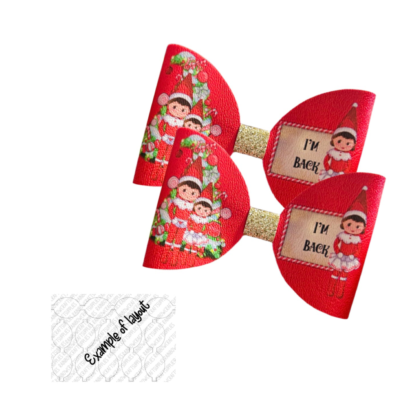 7 x Naught Elf theme leatherette hair bow loops 3.5”