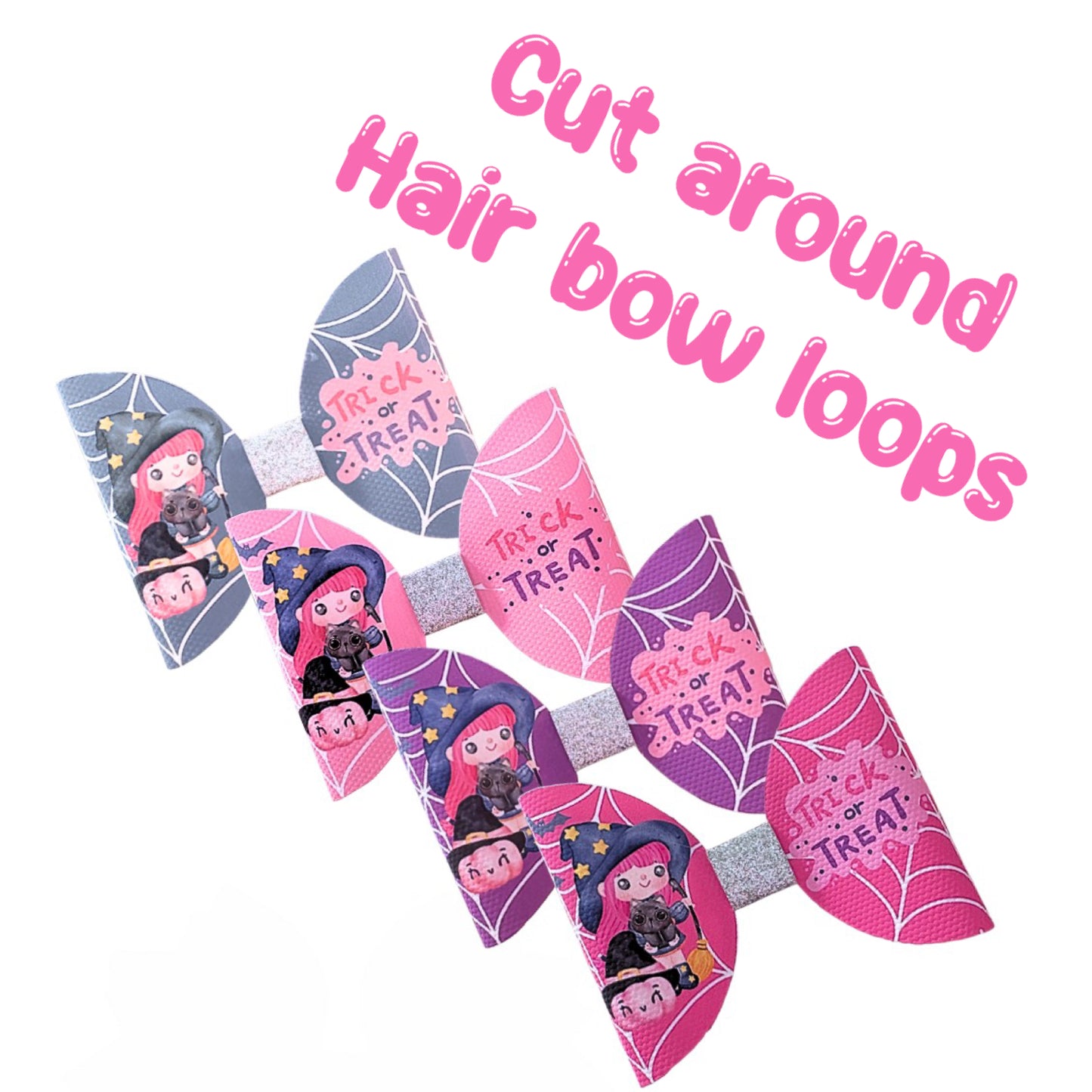 7 x Cutest witch assorted colours pre printed canvas bow loops 3.5”