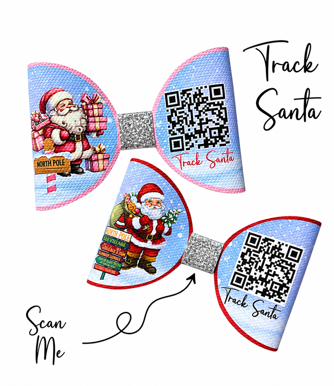 7 Track Santa QR Code canvas cut around hair bow Loops 3.5”