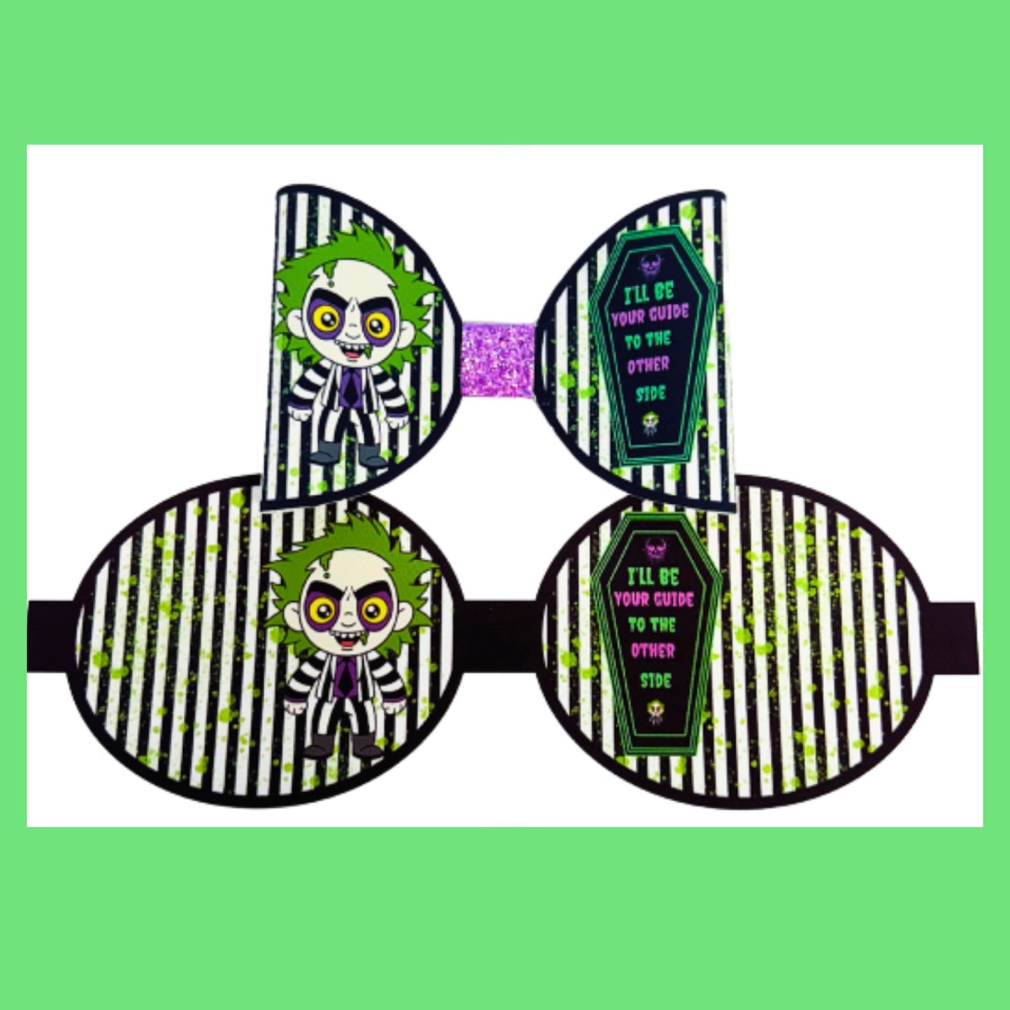Beetle juice themed bug man pre printed canvas hair bow loops x 7