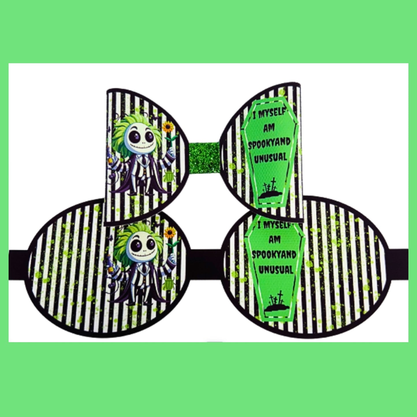 Beetle juice themed bug man pre printed canvas hair bow loops x 7
