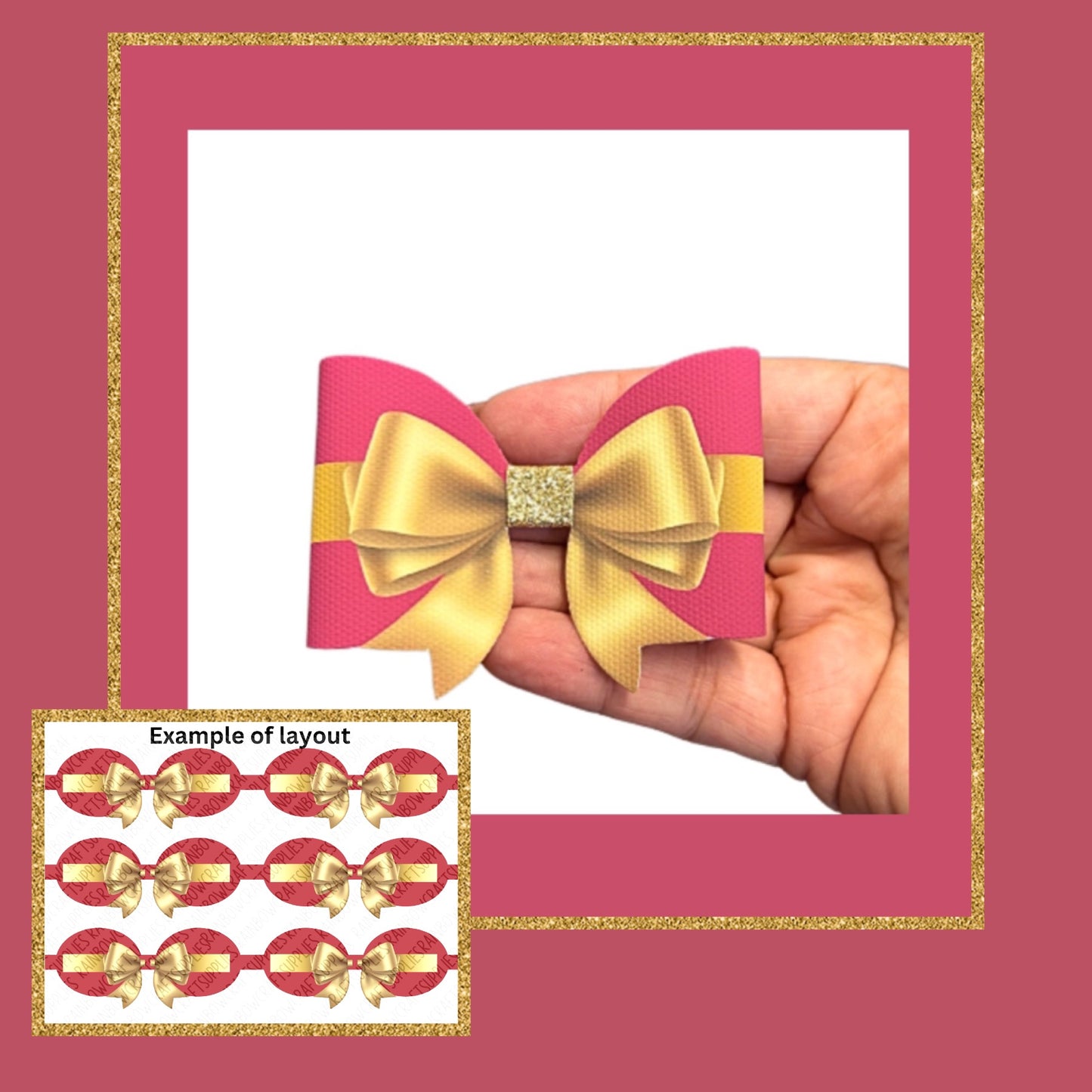 3D Red & Gold Ribbon Bow christmas themed printed canvas bow loops x 6