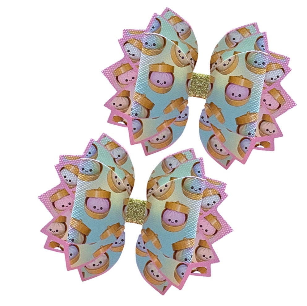 4 x printed in house Leatherette cut around bow loops and Fan Tails 3.5” Little Dumpling pastel