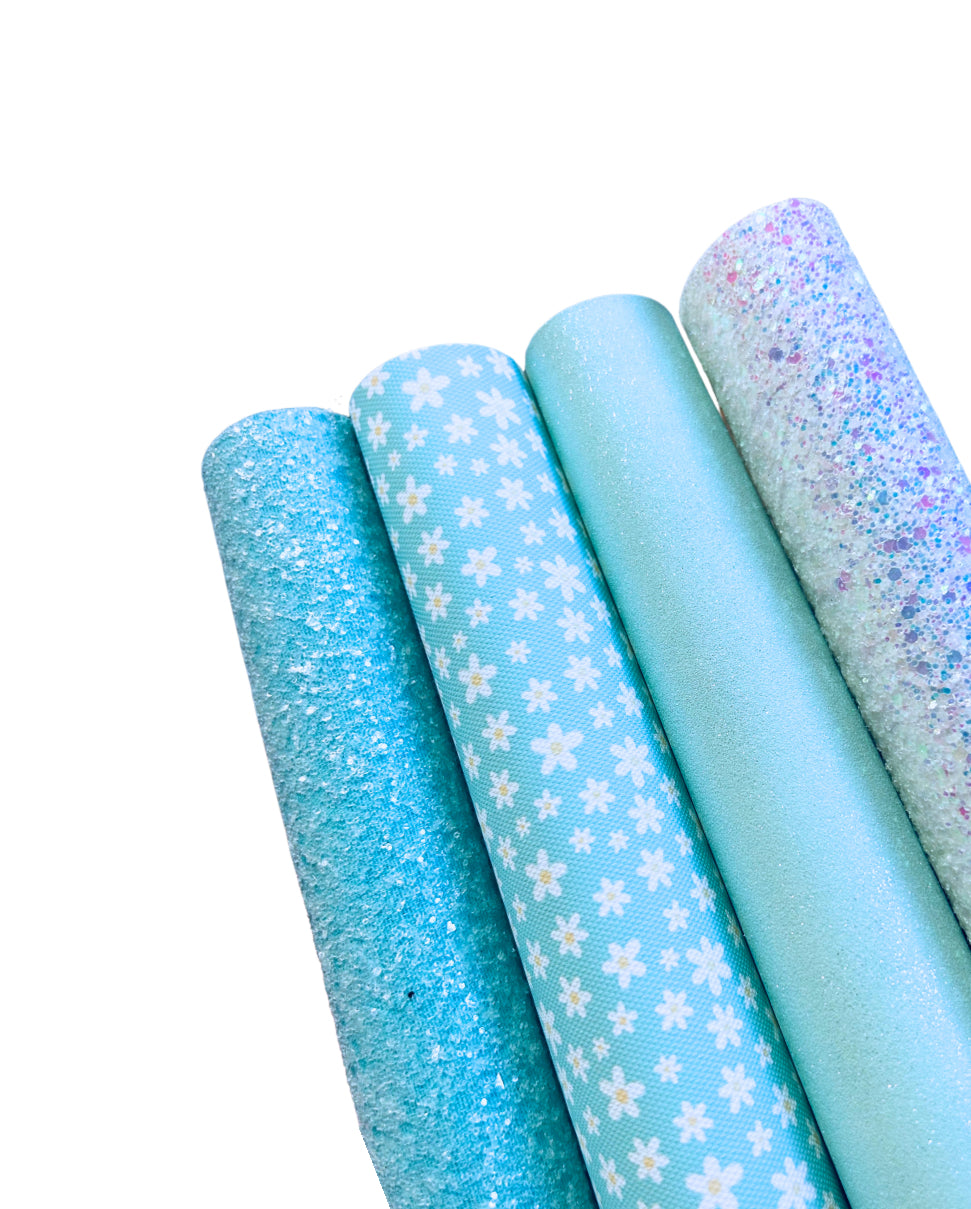 4 Piece Blue Floral themed fabric set A4
