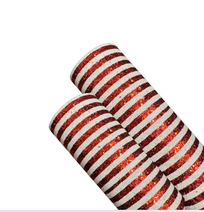 Red and white striped Candy cane chunky glitter fabric A4
