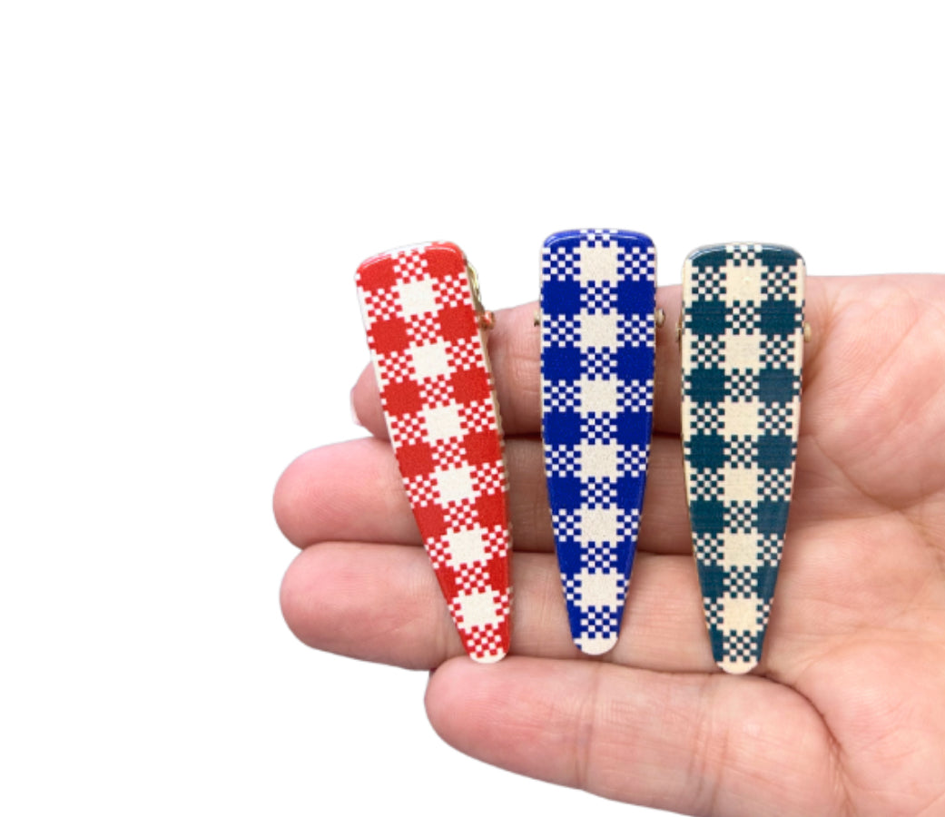Gingham patterned Gold slide alligator Hair Clips 5.5cm x 1.5 cm