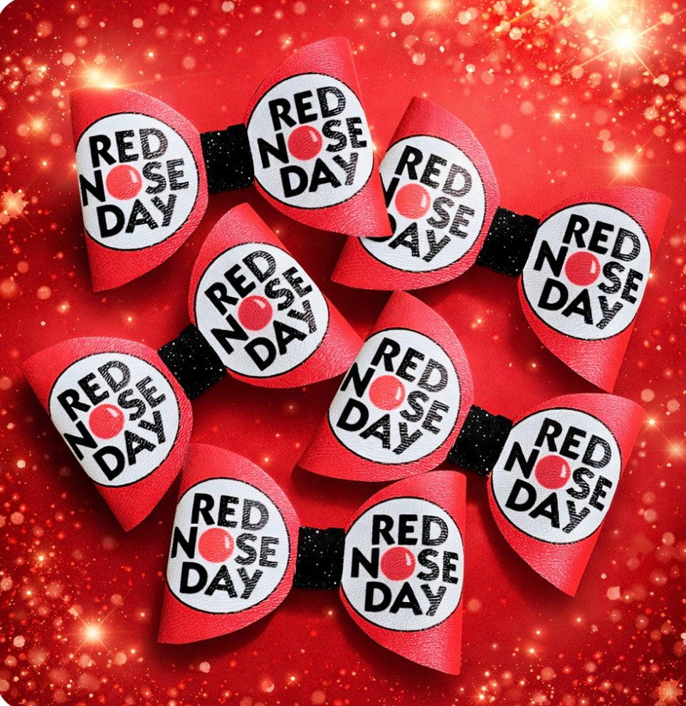 7 x Red Nose Day theme in house printed leatherette printed bow loops 3.5”