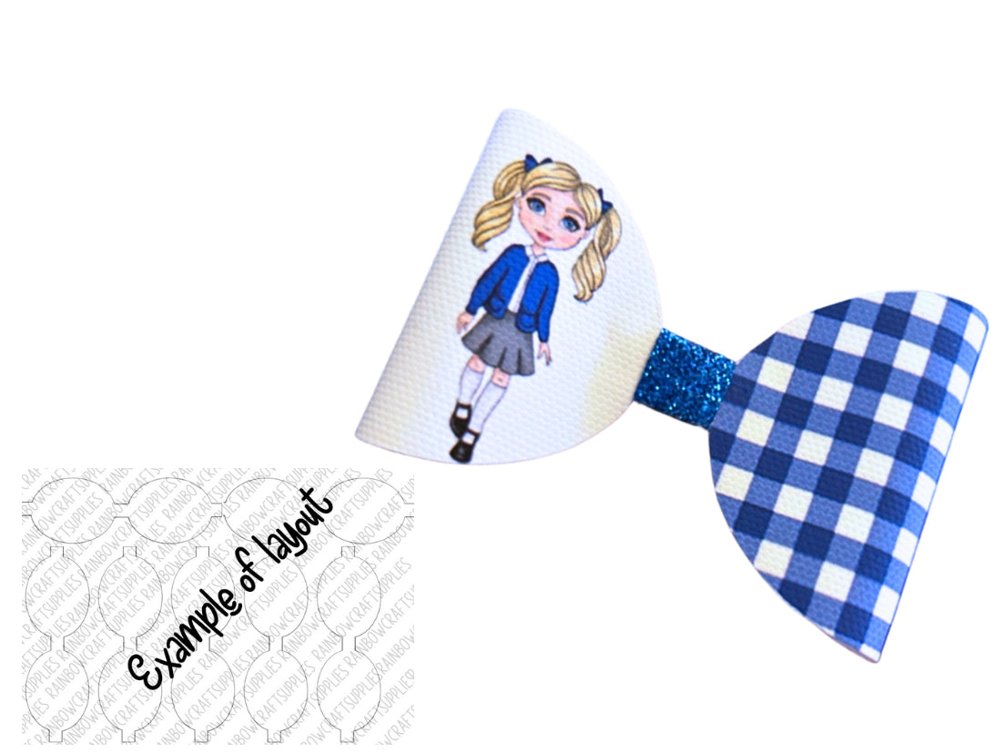 7 x Blue Gingham school girl printed bow loops 3.5"