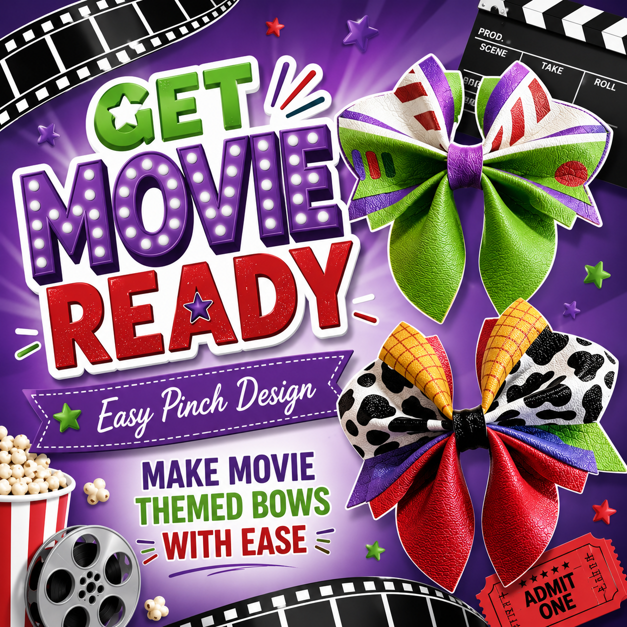 4 x Cut around movie theme Pinch leatherette bows and centre strips