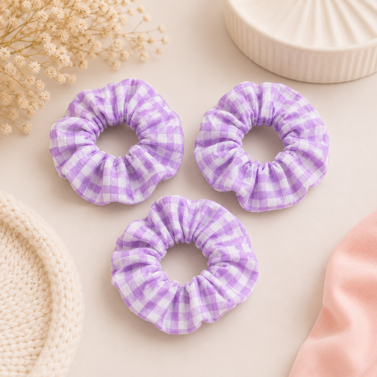 Lilac Gingham Bullet fabric scrunchies