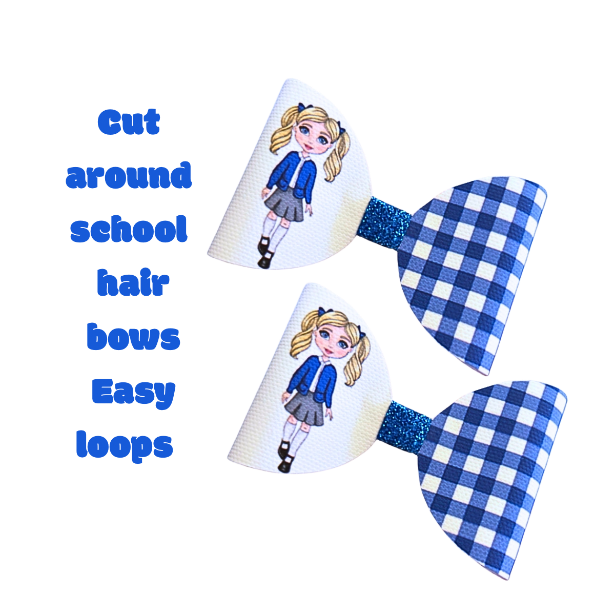 7 x Blue Gingham school girl Cut around bow loops 3.5"