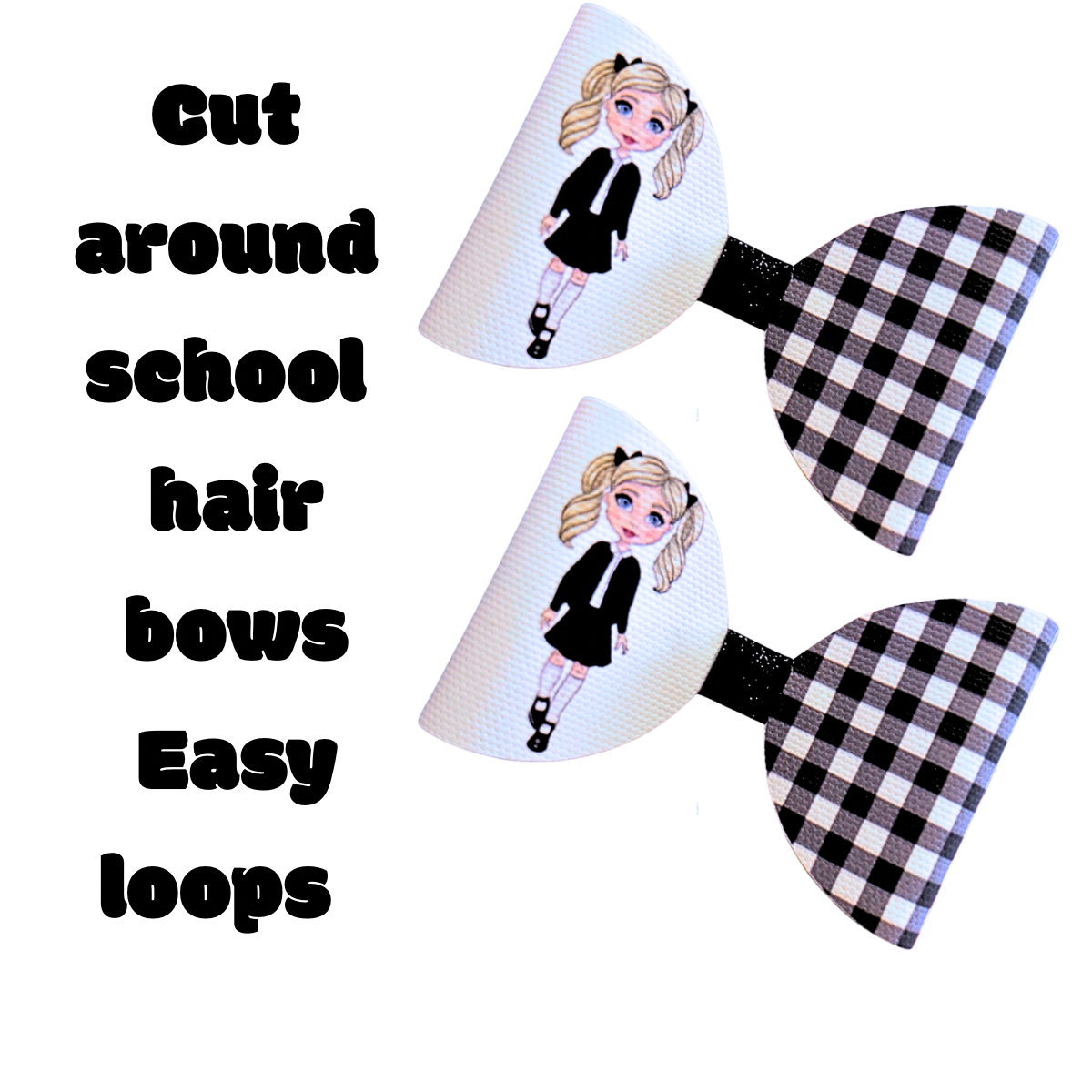 7 x Black Gingham school girl pre printed canvas hair bow loop’s 3.5”
