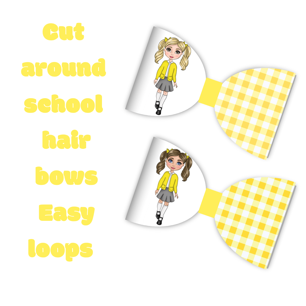 7 x Beautiful Yellow Gingham school Girl printed 3.5”Leatherette bow loops