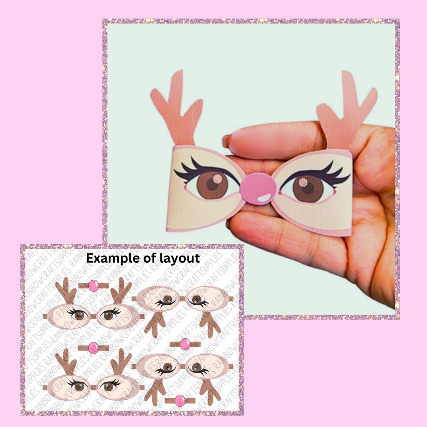 3D Reindeer christmas themed printed canvas bow loops x 4