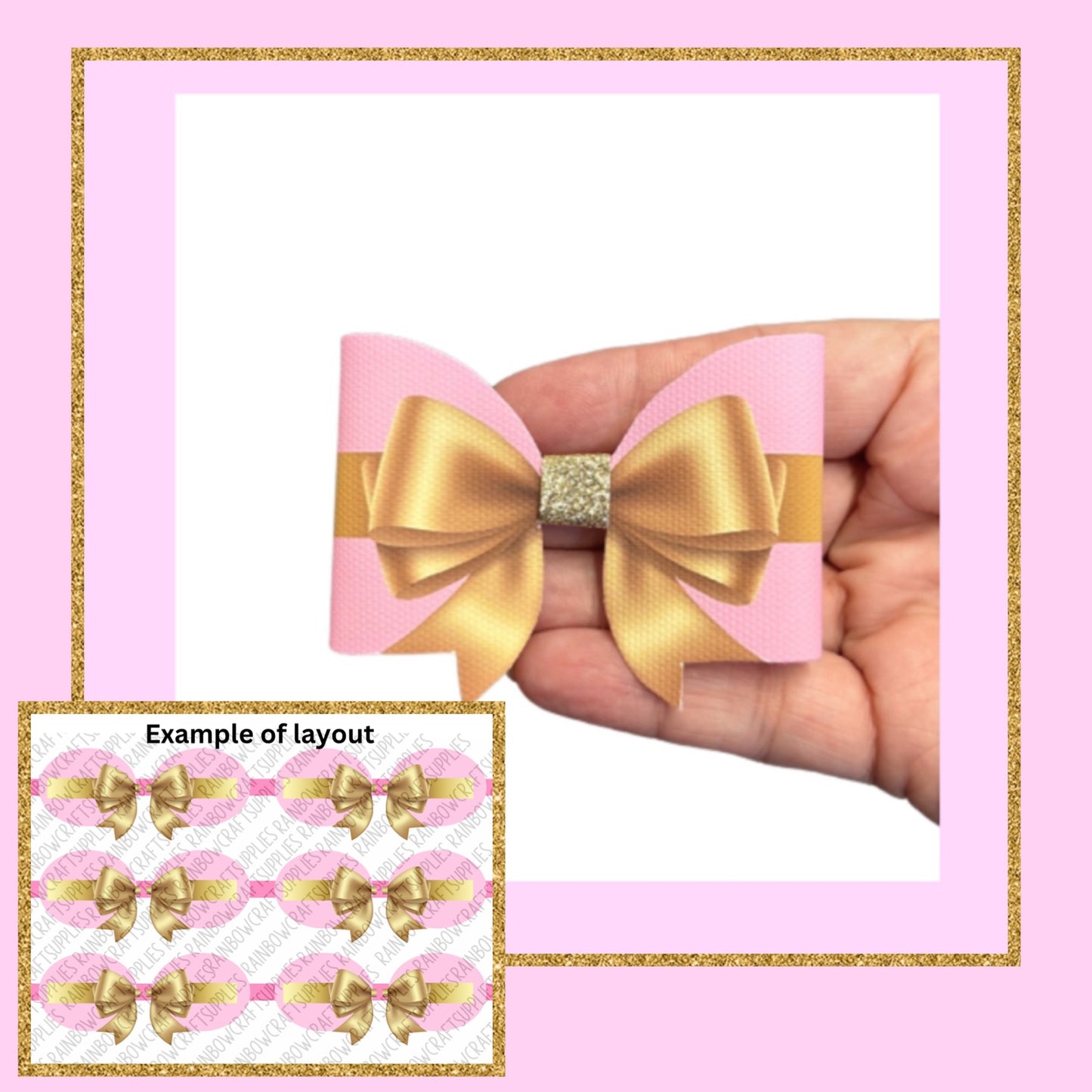 3D Pink & Gold Ribbon Bow christmas themed printed canvas bow loops x 6