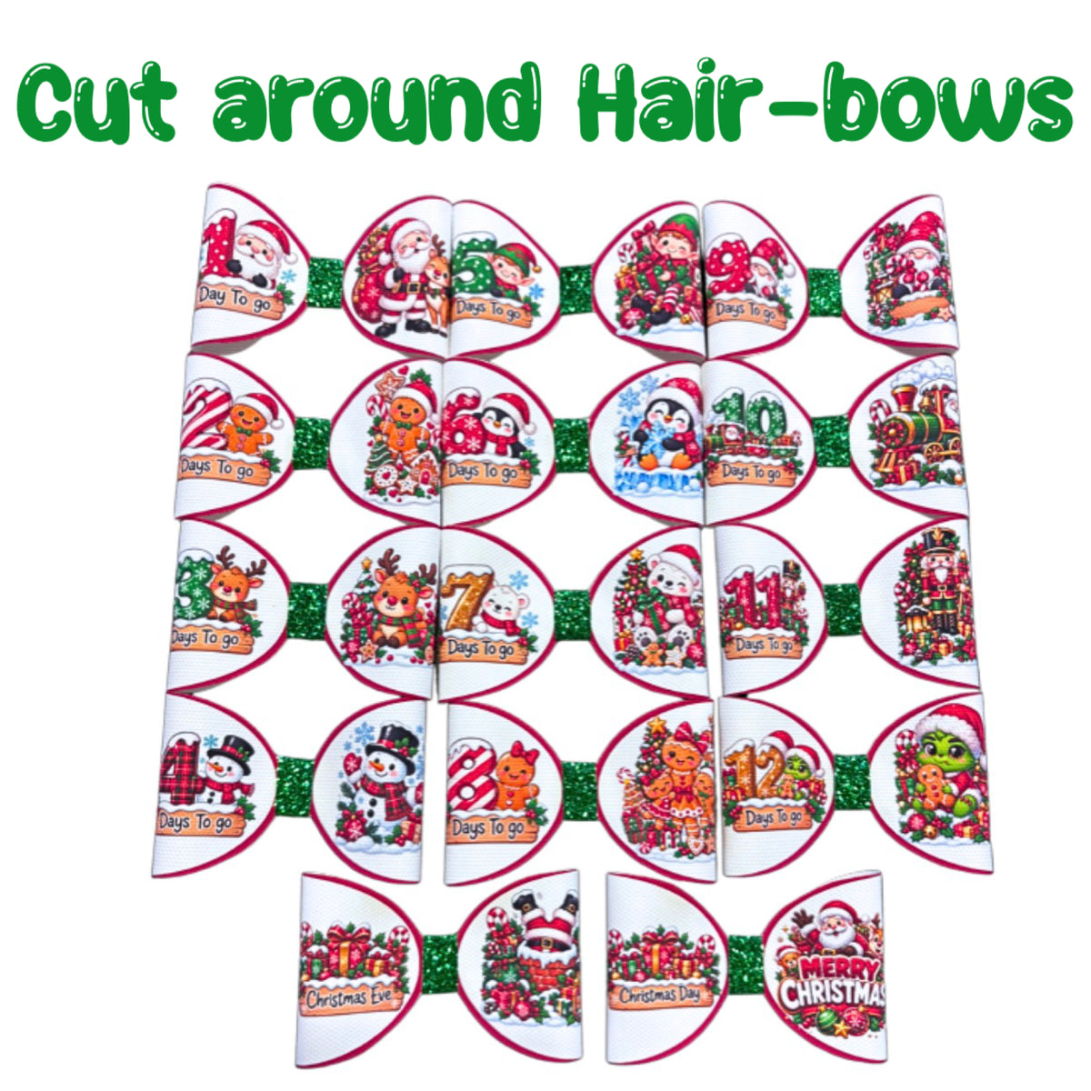 14 x Christmas Count Down cut around Hair bow Loops 3.5” Leatherette or Canvas