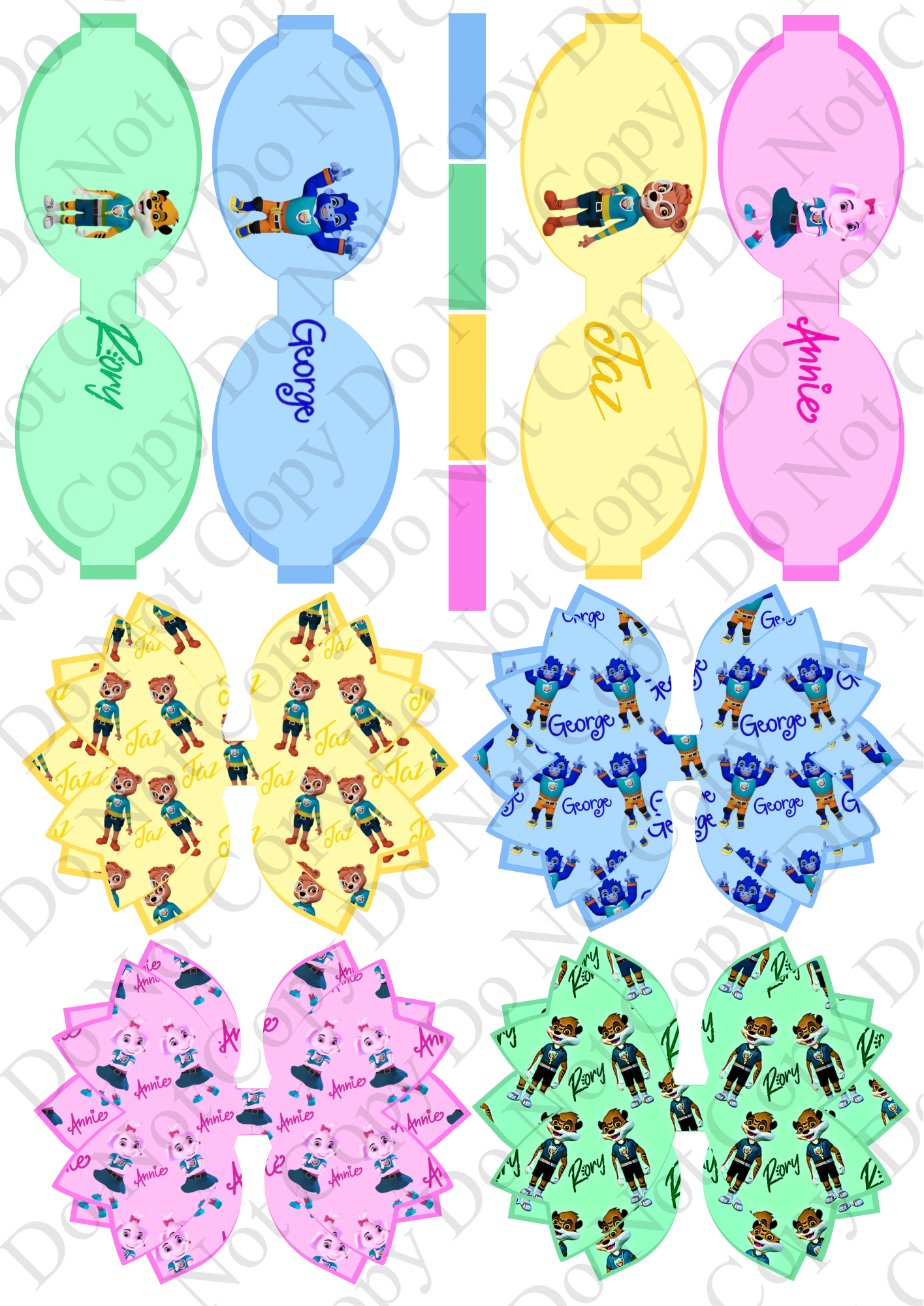 4 x printed in house Leatherette cut around bow loops and Fan Tails 3.5” Holiday Gang