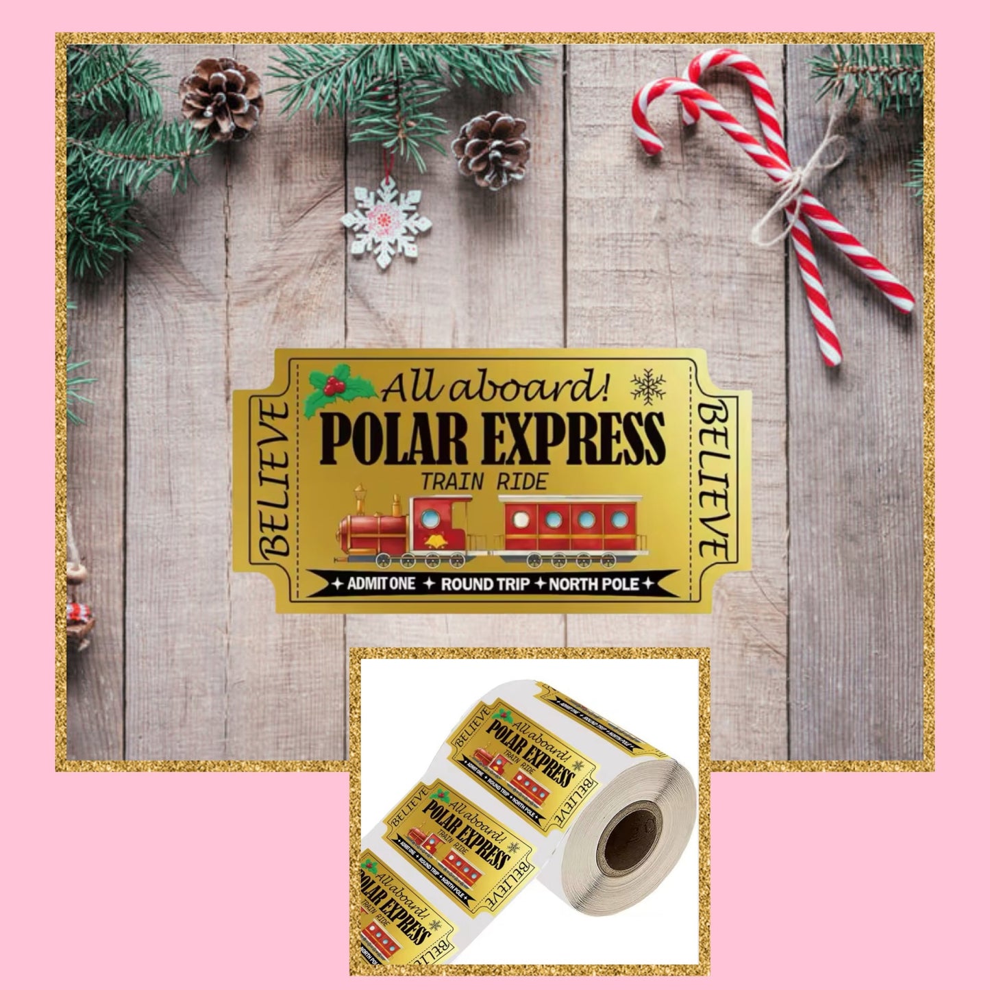 5 Large Christmas Eve Train ticket large stickers