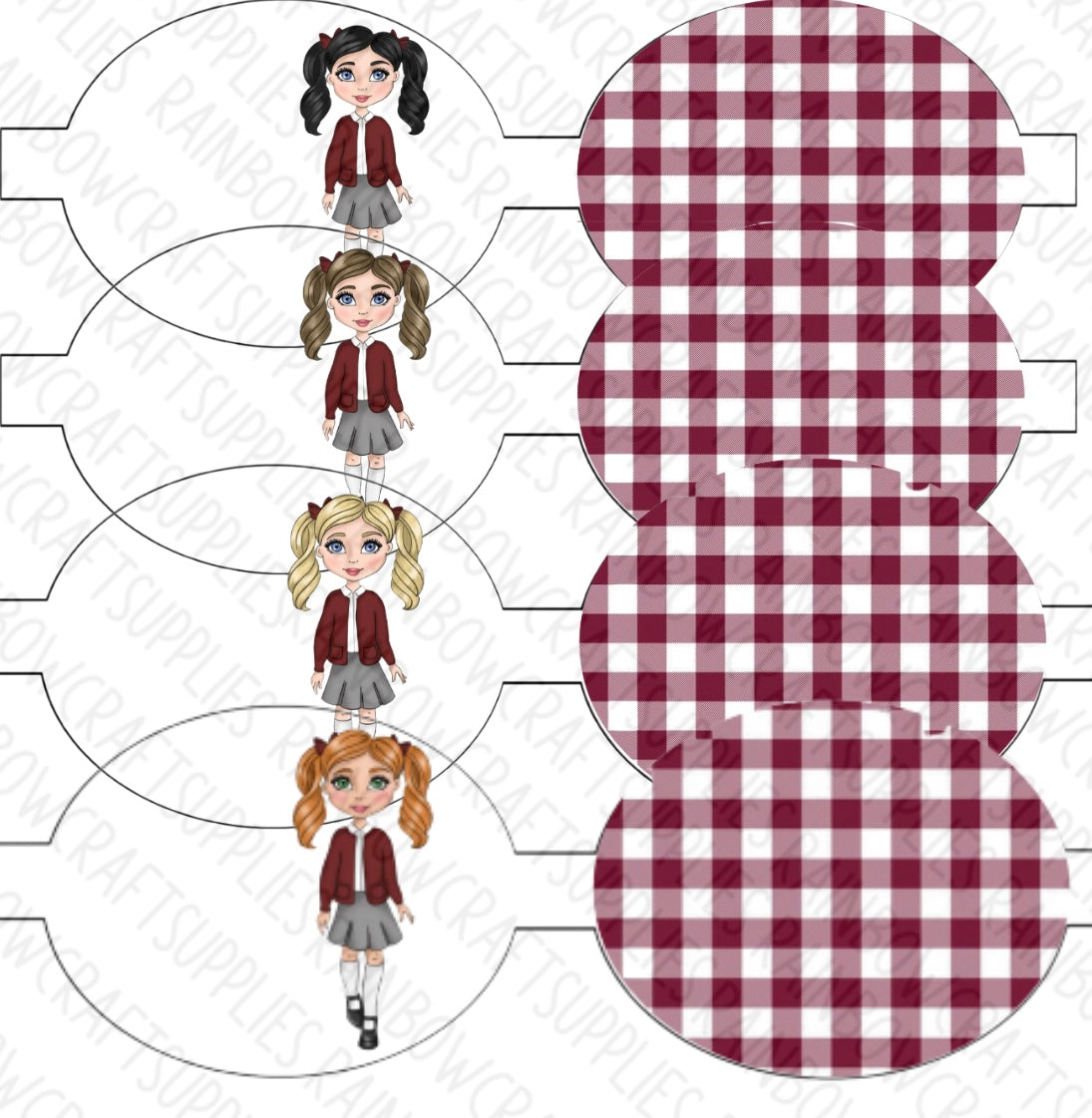 Mixed hair colour Gingham school girl pre printed canvas bow hair bow making sheets