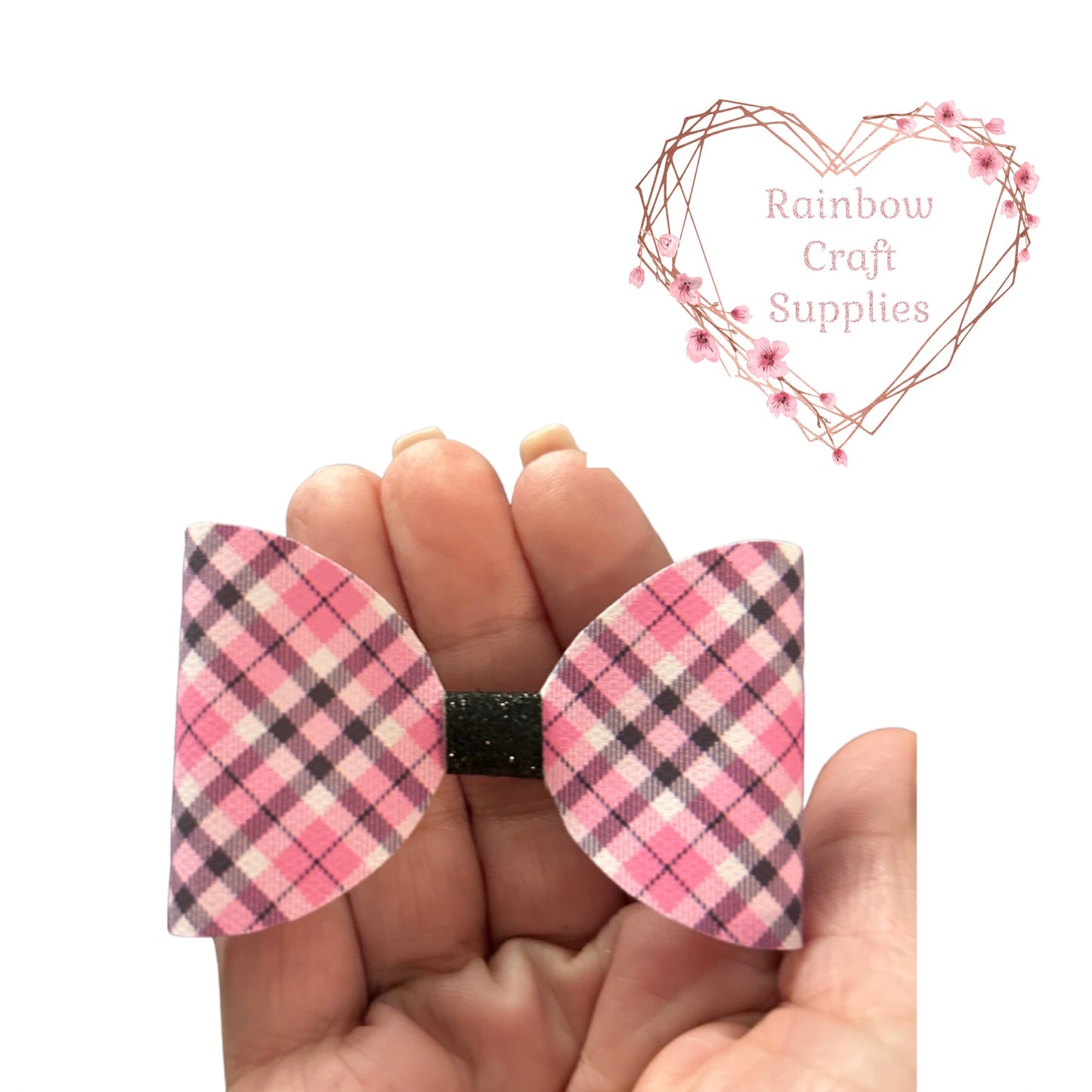 7 x Pink & black plaid Tartan pre printed canvas hair bow loops 3.5”
